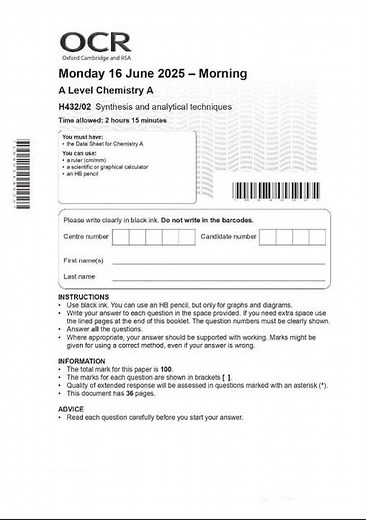 OCR A Level Chemistry A H432/02 JUNE 2025 QUESTION PAPER AND MARK SCHEME