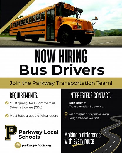 🚌 Join the Parkway Transportation Team! Parkway Local Schools is currently seeking bus drivers to help safely transport our Panthers to and from school each day. If you enjoy working with children, value community, and want a rewarding role that makes a daily difference, we’d love to hear from you! Requirements: ✅ Must qualify for a Commercial Driver’s License (CDL) ✅ Must have a good driving record Training Opportunity: 🚦 Pre-service bus driver training will be offered at Lincolnview High Sch