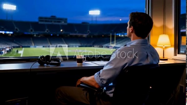 A sports commentator sits in a broadcast booth looking out over an illuminated stadium at night, ready for the broadcast, representing the world of professional sports media and journalism