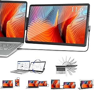 11.6'' Multi-Swivel Laptop Monitor Extender, Attachable Protable Monitor, External Computer Screen Exended Connected by HDMI Or Type-C USB C Cable Fit All Laptop, Black