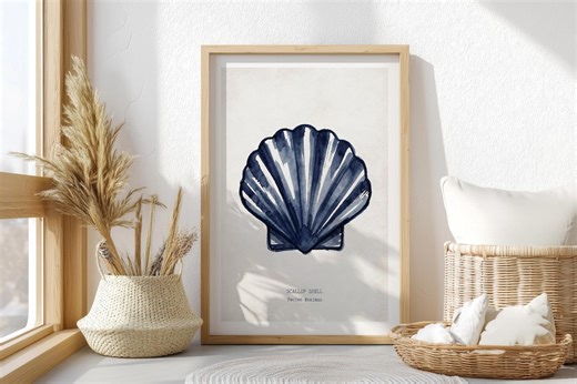 Scallop Shell Wall Art Print, Coastal Art Prints, Nautical Beach House Decor, Blue Watercolor Sea Shell Poster, Minimal Ocean Illustration - Etsy