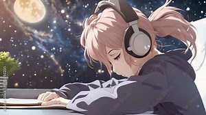 lofi anime girl watching sunset, cosmic sky animation, lofi animation, seamless looping, lofi, ambient animation, anime girl wearing headphones animation, lofi videos, calming videos, 4k