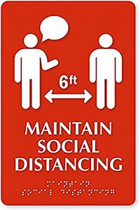 SmartSign Maintain 6 Feet of Social Distancing Sign with Braille, ADA Braille Sign | 6x9 Inches, Plastic, Red and White, Vertical Adhesive Sign, Made in USA