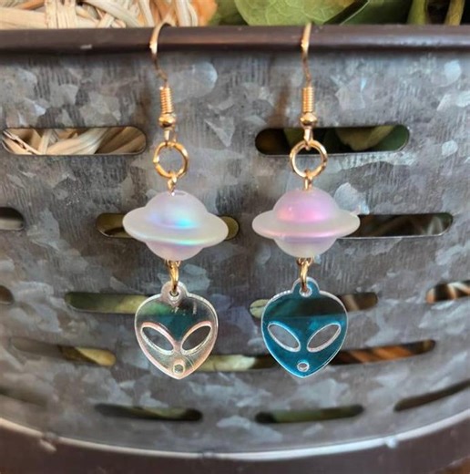Alien UFO Earrings, Iridescent Acrylic Space Dangles, Celestial Gift - Etsy