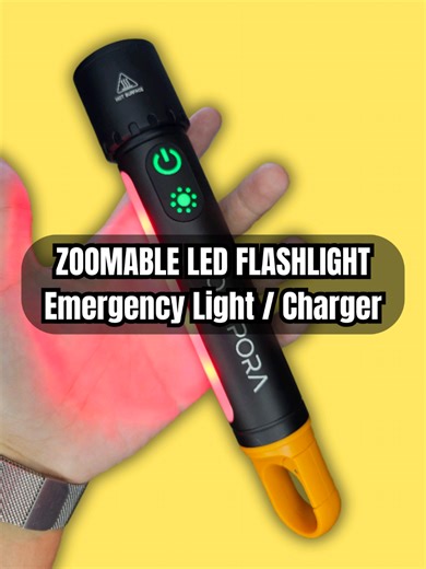 Zoomable LED Flashlight - USB Rechargeable Torch Light for Home, Outdoor, Camping - Portable Multifunctional Emergency Lamp Light / Charger Powerbank with Built In Hook - Super Bright with Long Battery Life and USB Output for Charging Other Devices #zoomableflashlight #rechargeableflashlight #rechargeablelight #ledflashlight #emergencylight