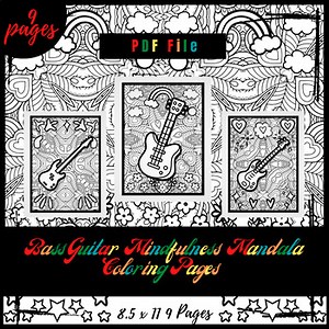 Bass Guitar Mindfulness Mandala Coloring Pages, Music Coloring Printable Sheets