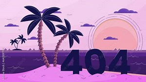 Beach palms sunset 404 error animation. Moving clouds, waves error message gif, motion graphic. Tropical shore. Summer horizon animated cartoon line landscape 4K video isolated on white background