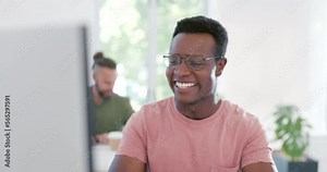 Computer, celebration and excited black man happy for ERP software, cyber security system or coding success. Information technology, ai developer or programmer cheer for code programming achievement