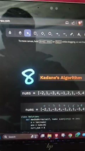HariOm Singh on Instagram: "Day 8/15: **Kadane’s Algorithm (Max Subarray Sum).** Brute-forcing a maximum subarray problem takes time. You check every possible combination. That is exhausting and slow. Enter **Kadane’s Algorithm** (). The logic is elegant: You keep adding to your current sum as you walk through the array. But the moment your current sum drops below zero? **You reset it to 0.** Why? because a negative sum is just "baggage." It will never help you reach a higher maximum. You drop i