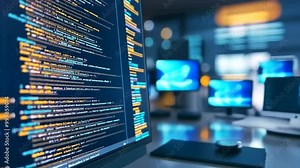 A close-up view of web development code on a computer screen, showing detailed HTML, CSS, and JavaScript lines. The code is neatly structured, with tags and functions highlighting