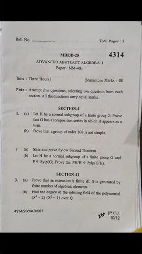 MDE/D-25 ADVANCED ABSTRACT ALGEBRA -2 PAPER:MM-401. KUK DEC 2025
