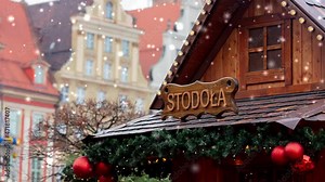 Decoration of Christmas fair houses in old town market of Wroclaw, Poland in 2021