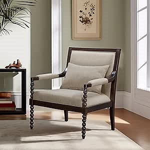Martha Stewart Philippe Accent Chair for Living Room Lily Pond Collection, Solid Rubberwood, Upholstered Seat, Lumbar Pillow, Cottage Accent Chair Coastal Furniture Decor, 27.5" W Morocco Brown/Taupe