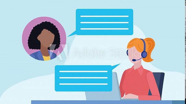Animation showing a conversation between a customer and technical support. A woman calls technical support to solve a problem. After solving the problem, it rates the service a 5 stars.
