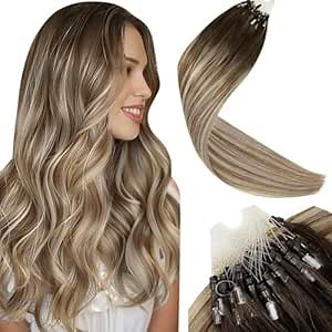 LaaVoo Microlink Hair Extensions Human Hair Ombre Balayage Micro Beads Extensions Dark Brown Mix Ash Brown Micro Ring Hair Extension Human Hair 22 Inch 50g/50s