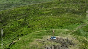 Aerial view of a Celtic Cross on the top of Slemish Mountain County Antrim Northern Ireland Slemish hill where St Patrick worked as a boy