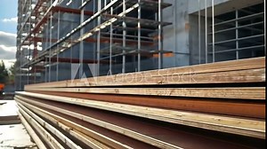 Zoomed-in view of scaffolding planks, covered in durable, weather-resistant material with safety rails in place