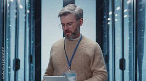 Caucasian server engineer with tablet inspecting IT infrastructure at data center. Experienced database worker provides overall security of server room.