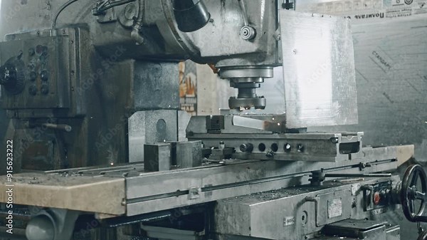 Close-up of an industrial cnc milling machine precisely machining metal components in a workshop. Detailed mechanical movements showcase the metalwork process