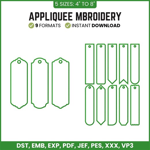 ITH Bookmark Machine Embroidery Design | Long Bag Tag |13 Blank Shapes Applique Pes Dst Jef Vp3 | Instant Download - Etsy
