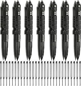 Origin-Joy 7 Pack Tactical Pens Self Defense, Military EDC Glass Breaker Pen for Men and Police, Heavy Duty Metal Pen with 28 Black Refills