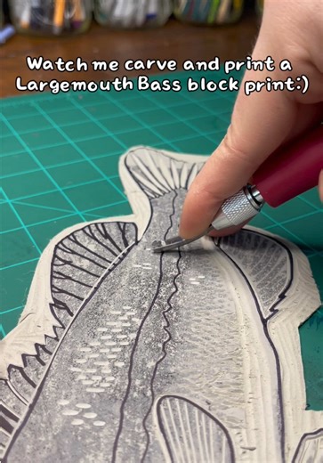 I carved this Largemouth Bass block print recently and I'm excited to print this linocut on fabric😌 #art #printmaking #carving #satisfying #art
