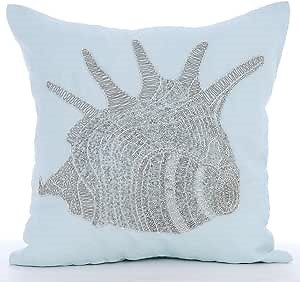 The HomeCentric 22x22 inch (55x55 cm) Pillow Cover, Light Blue Throw Pillow Cover, Beaded Sea Creatures Shells Sea Creatures Ocean Beach Pillow Cover, Linen Pillow, Floral Mediterranean - Lone Shell