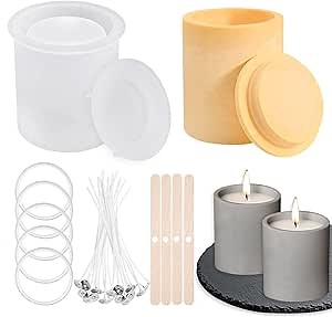 Concrete Molds for Candle Jar, Silicone Cement Mold for Candle Vessels with Lid, Cylinder Candle Mold Cups for Candle Making Supplies Include 5 Sealing Rings, 20 Candle Wicks, 20 Wooden Wick Holders
