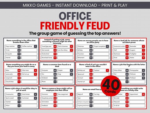 Office Friendly Feud: Printable Large Group Party Game, Family Feud Trivia Questions and Cards for Adults, Work Parties & Team Building - Etsy