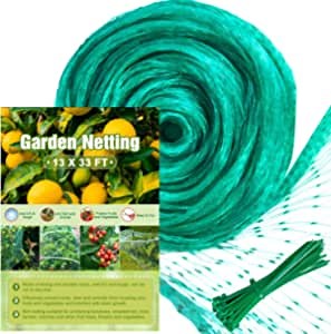Unves Garden Netting, 13 x 33 Feet Heavy Duty Fruit Tree Netting with 50pcs Cable Ties, Bird Netting for Seedlings Plants, Vegetables Protection from Birds and Animals, Reusable Fencing