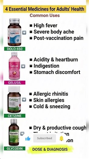 4 Essential Medicines Every Adult Must Know | Dolo 650, Gelusil, Cetzine, Glycodin #shorts #facts
