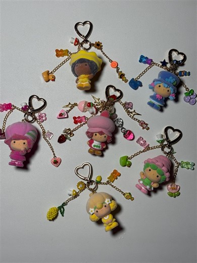 Strawberry Shortcake Charm Keychain - Retro Kawaii Bag Charm - Gold Hardware Heart Clip - Choose Your Character