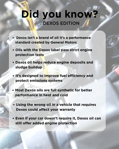 Dexos approved oil isn’t a brand, it’s a higher standard. Better protection, cleaner engines, and smarter long term performance for your vehicle. #Dexos #EngineProtection #FullSyntheticOil #CarMaintenance #AutoCare #EngineHealth #RunWithUs | Senergy Petroleum