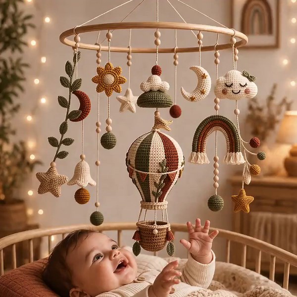 Boho Baby Mobile Crochet Pattern | Hot Air Balloon Nursery Mobile | Amigurumi Moon Star Cloud Rainbow PDF Pattern | DIY Baby Crib Mobile - Etsy UK