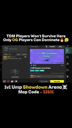 1v1 UMP Showdown Arena 🔥Map Code 52631#tdm #1v1 #bgmi