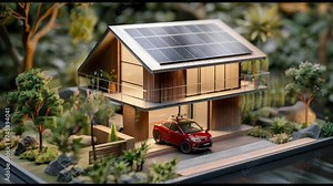 House model with solar panels. 3-dimensional animation and rendering of solar energy and sustainability and renewability
