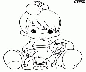 Little girl with two little dogs coloring page printable game