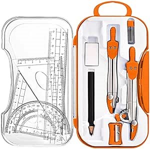 Math Compass for Geometry Set,10 Pcs Student Geometry Box Includes Storage Box, Rulers, Protractor, Compass, Eraser, Sharpener, Lead Refills, Pencil for Drafting and Drawings (Orange)