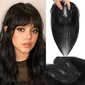 Hair Toppers for Women Real Human Hair, 360° 3D Real Human Hair Toppers for Women with Thinning Hair Clip in Bangs Big Coverage 12 Inch Hairpieces (1B, 3D French Bangs)