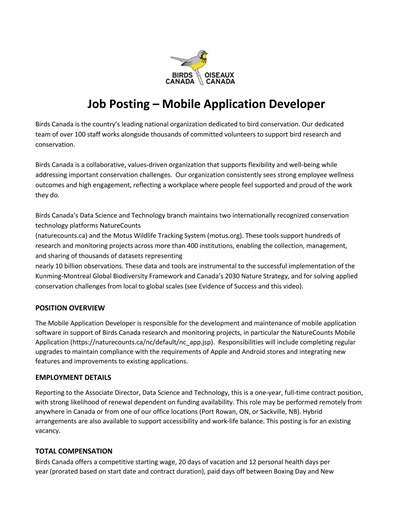 Birds Canada - Birds Canada - EN_Job Posting - Mobile Application Developer - Page 1