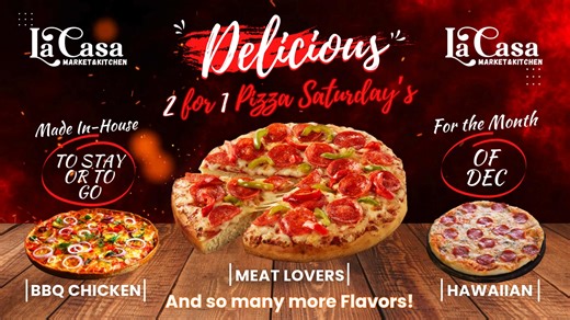 Hey everyone! Just a quick heads up — there will be no band tonight due to unforeseen circumstances. We’re sorry for any inconvenience this may cause. Good news though — our 2 FOR 1 PIZZA special is STILL ON! 🍕🔥 So come down, grab a friend, and enjoy an awesome deal with great food and cold drinks. Thanks so much for your understanding and we can’t wait to see you! | La Casa Market