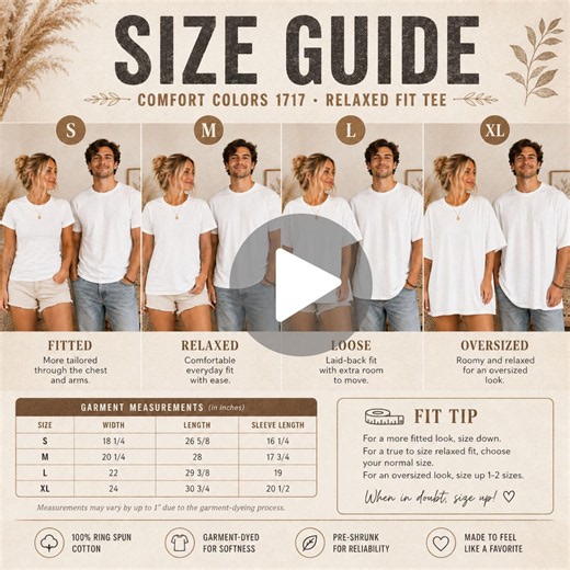 Comfort Colors 1717 Size Guide Video – T-shirt Size Chart & Mockup | Digital Download for T-shirt POD - Etsy