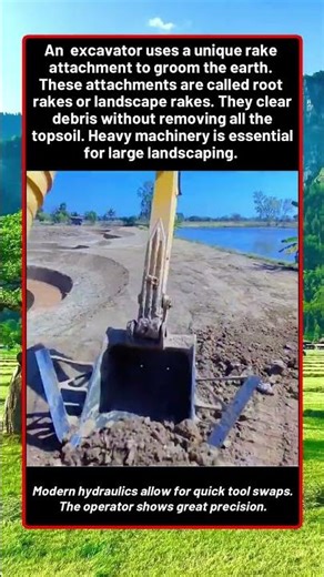 Heavy Duty Excavator Uses A Custom Rake Attachment