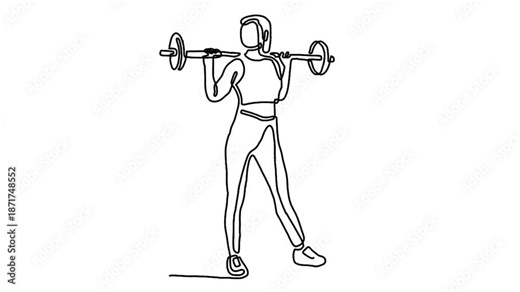 continuous line animation of weightlifter woman preparing for barbell workout