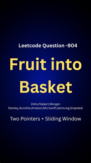 Govind Pothuraju on Instagram: "👉 Comment “CODE” if you want solutions in C++, Java & Python Day 34/200: LeetCode 904 — Fruit Into Baskets 🍎🍊 You are visiting a row of fruit trees represented by an integer array. You can pick only 2 types of fruits (since you have 2 baskets). Your goal: collect the maximum number of consecutive fruits before you’re forced to stop. ✅ Brute Force: Try all subarrays → O(n²) ❌ ✅ Optimal (Sliding Window + HashMap): O(n) ✅ Approach: - Use a window to store at most