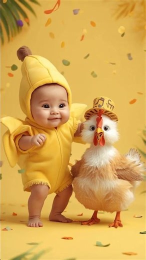 Adorable Baby & Cute Chicken Banana Dance Challenge 🐥