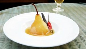 Pears poached in cardamom, cinnamon and chilli syrup with salted caramel sauce recipe