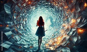 A figure stands at the center of a swirling vortex of papers.