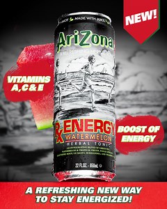 Say hello to a refreshing new way to stay energized – introducing RX Energy Watermelon! A unique blend of green tea, watermelon, and tropical fruits with 130 mg of caffeine in every 22 oz. can to boost your energy. 🍉 | Arizona Iced Tea