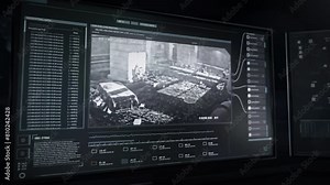 High Tech Army Program Observes Infantry Soldier Firing At Enemy Forces. High Tech Interface Encrypts Data On Army Infantry Secret Operation. Army Infantry Under Surveillance Of High Tech Spy Software